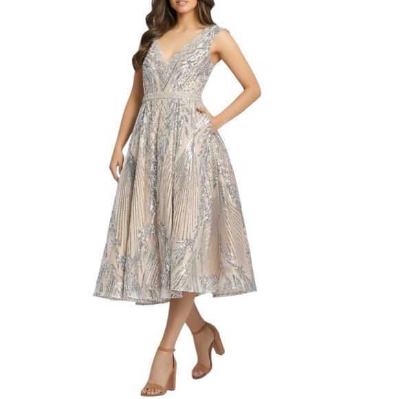 Mac Duggal 4 Nude Silver Cap Sleeve V Neck Midi Gown Art Deco Tea Length 67533 - Picture 16 of 16